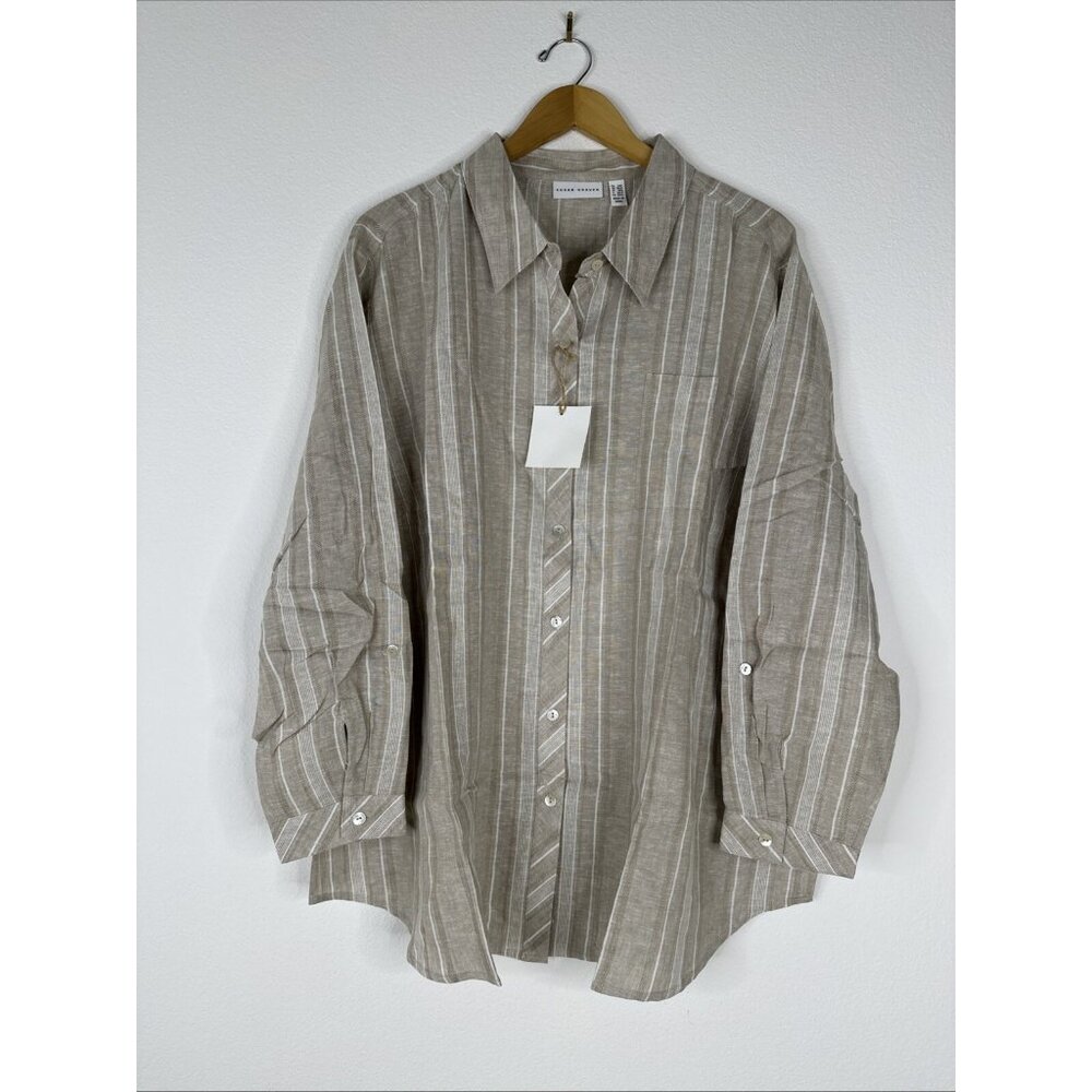 Susan Graver Petite Easy Linen Blend Cross Dyed Tunic Size XLP Khaki Stripe NEW